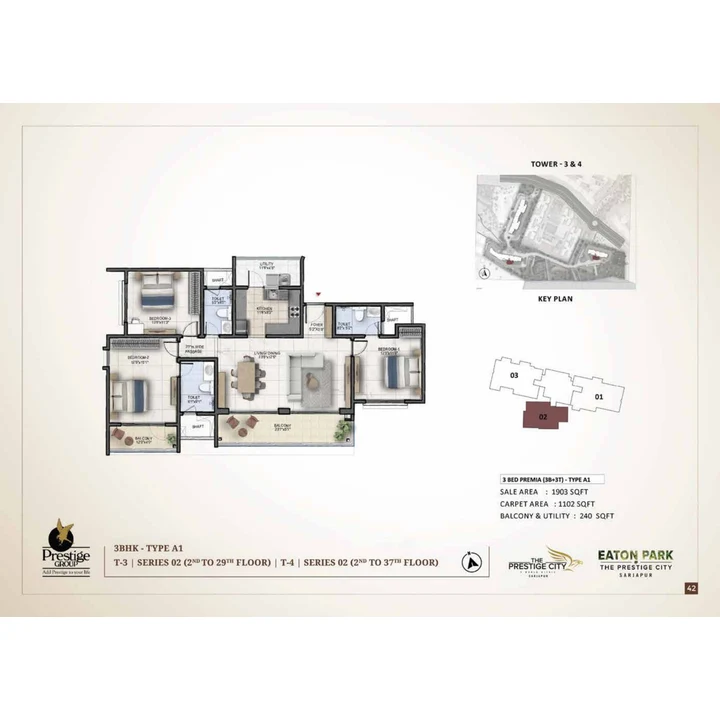 Eaton Park at The Prestige City 3 BHK unit plan variant on brochure page 42 Eaton Park at The Prestige City 3 BHK unit plan variant on brochure page 42